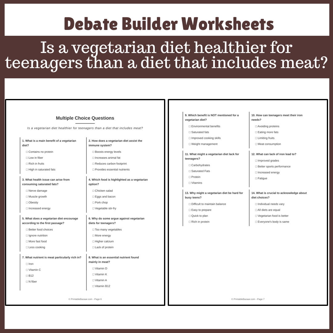 Is a vegetarian diet healthier for teenagers than a diet that includes meat? | Favour and Against Worksheet Printable Activity