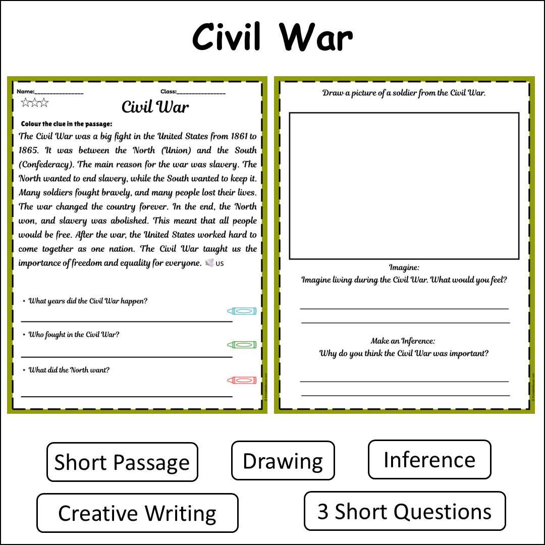 Civil War | Short Reading Comprehension Creative Worksheet