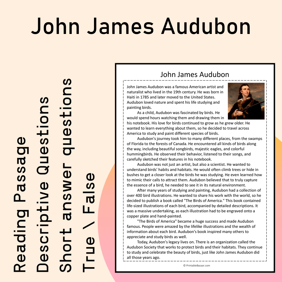 John James Audubon | Reading Comprehension Passage Printable Activity