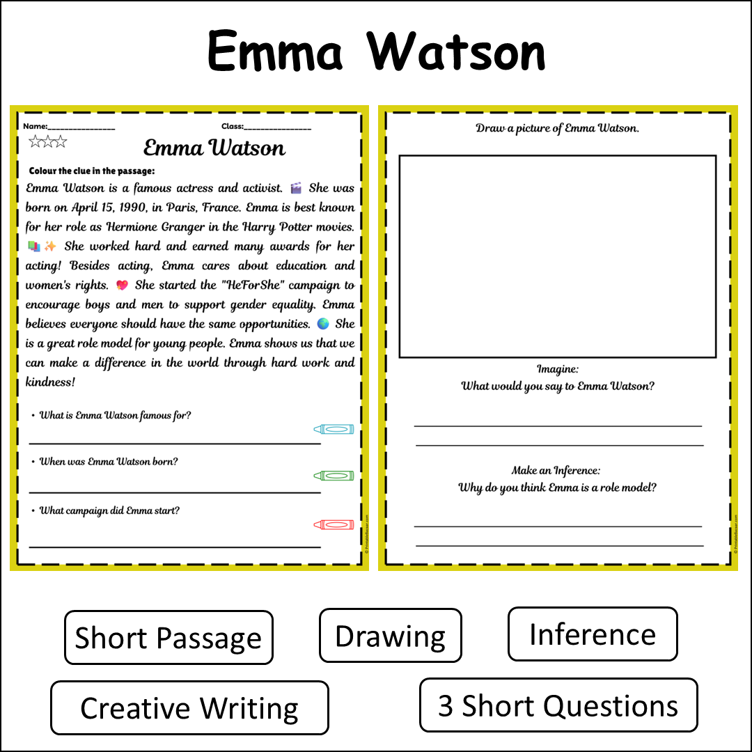 Emma Watson | Short Reading Comprehension Creative Worksheet