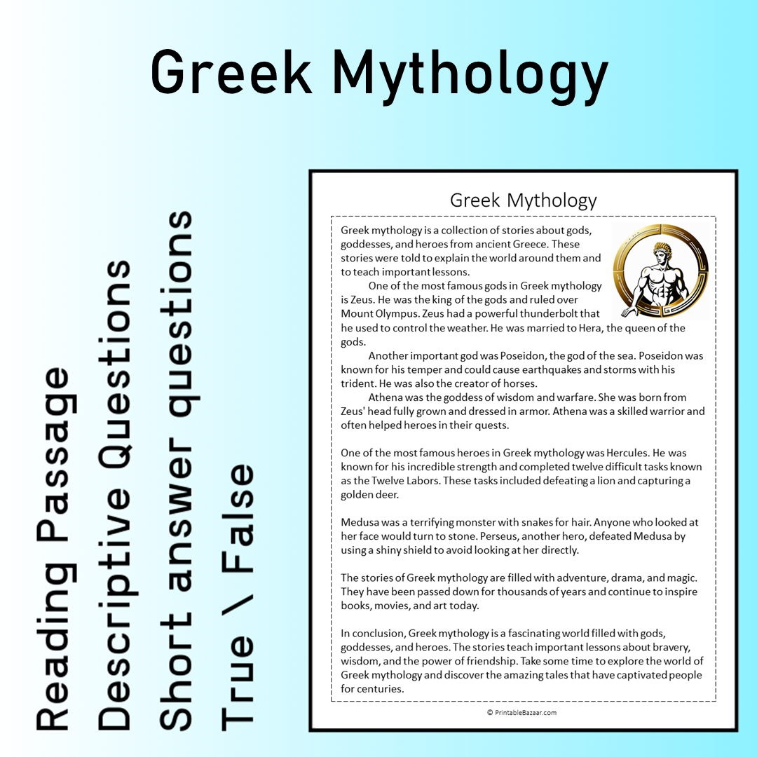 Greek Mythology | Reading Comprehension Passage Printable Worksheet