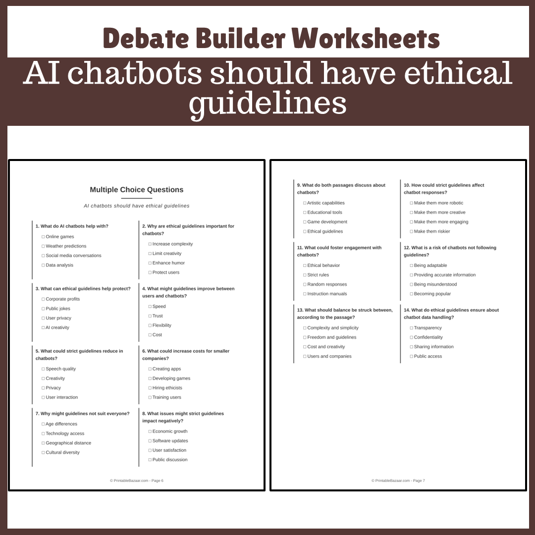 AI chatbots should have ethical guidelines | Favour and Against Worksheet Printable Activity