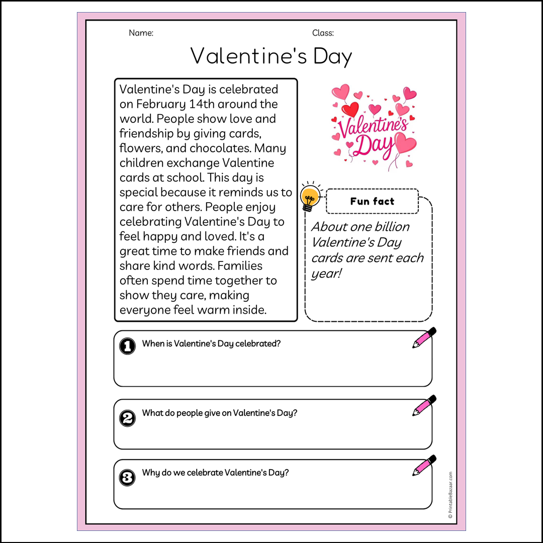 Valentine's Day | Reading Passage Comprehension Questions Writing Facts Worksheet