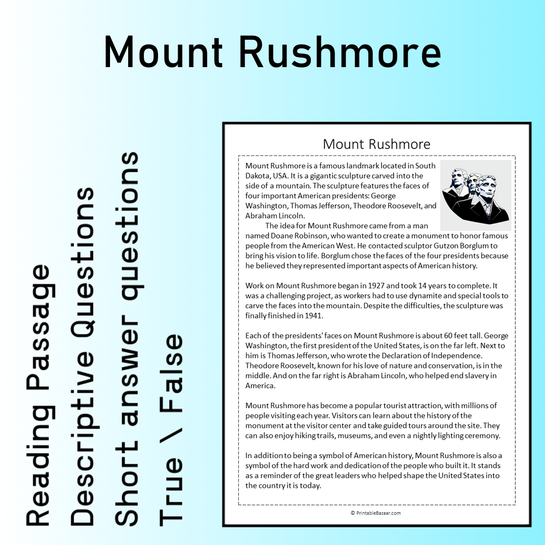 Mount Rushmore | Reading Comprehension Passage Printable Worksheet