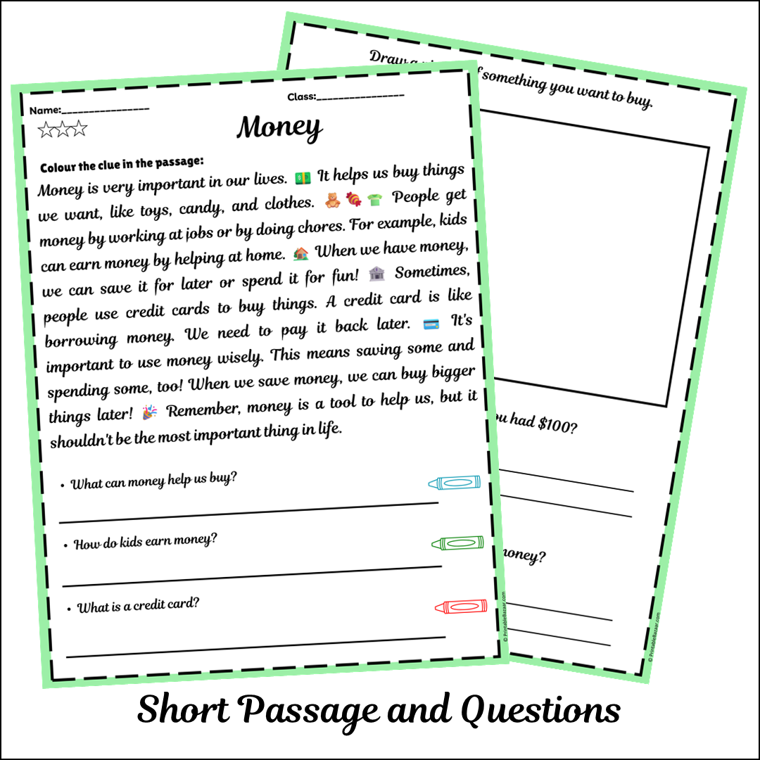 Money | Short Reading Comprehension Creative Worksheet