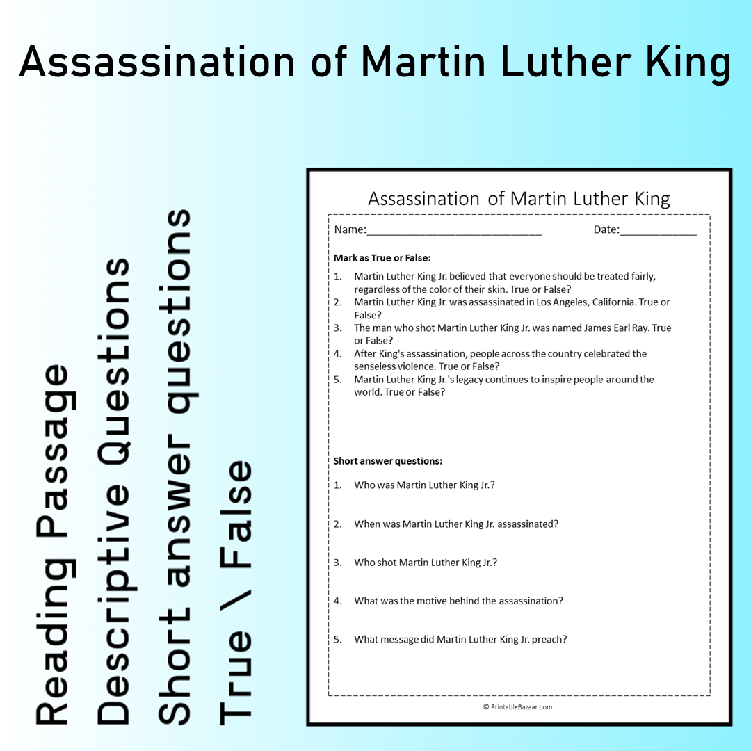 Assassination of Martin Luther King | Reading Comprehension Passage Printable Worksheet