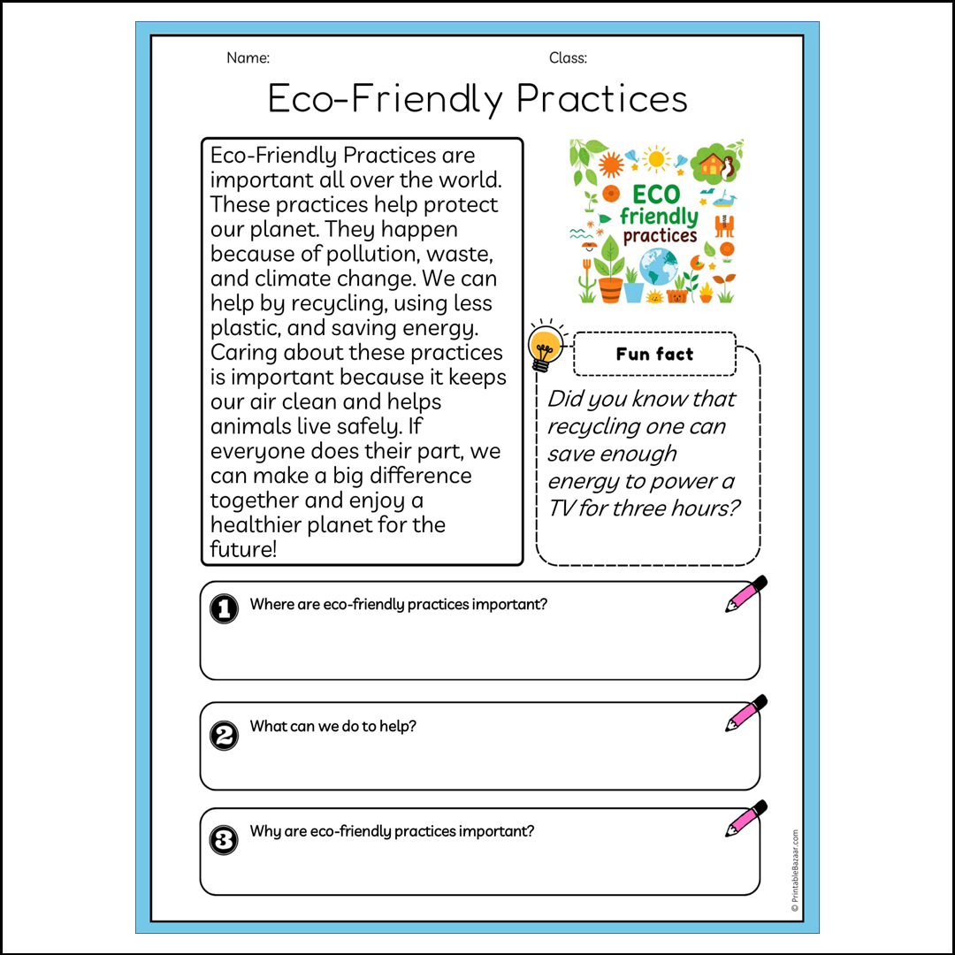Eco-Friendly Practices | Reading Passage Comprehension Questions Writing Facts Worksheet