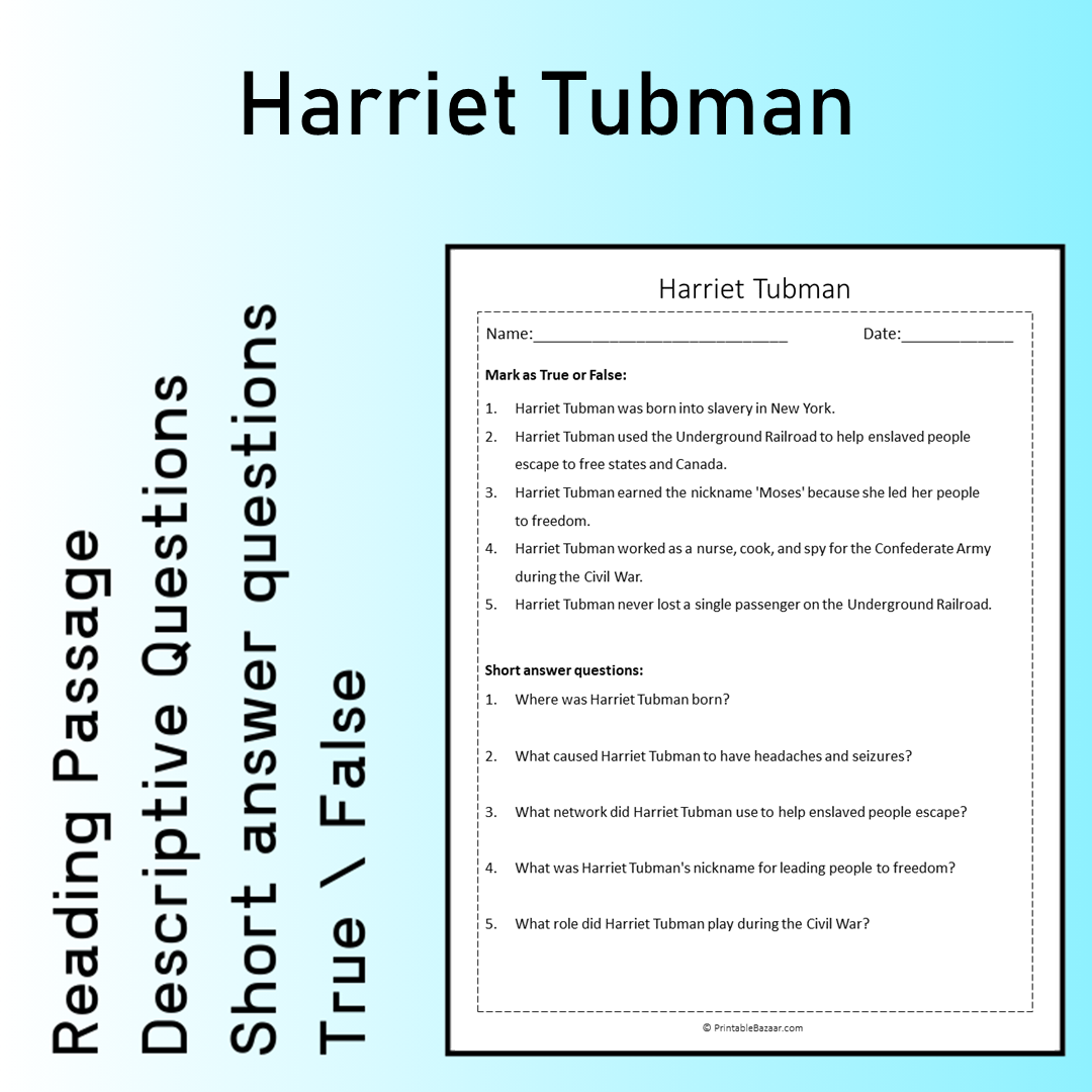 Harriet Tubman | Reading Comprehension Passage Printable Worksheet