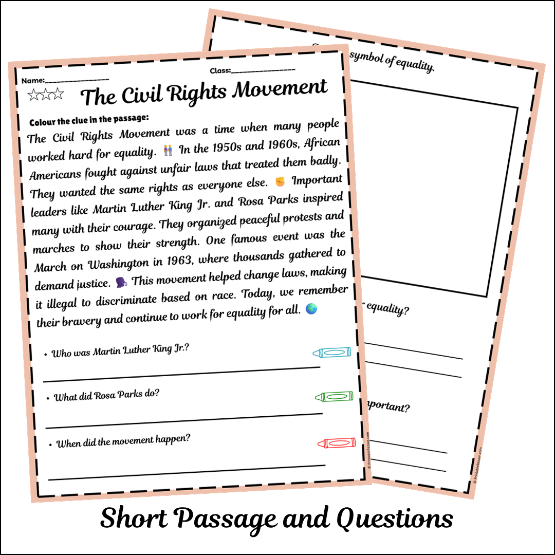 The Civil Rights Movement | Short Reading Comprehension Creative Worksheet