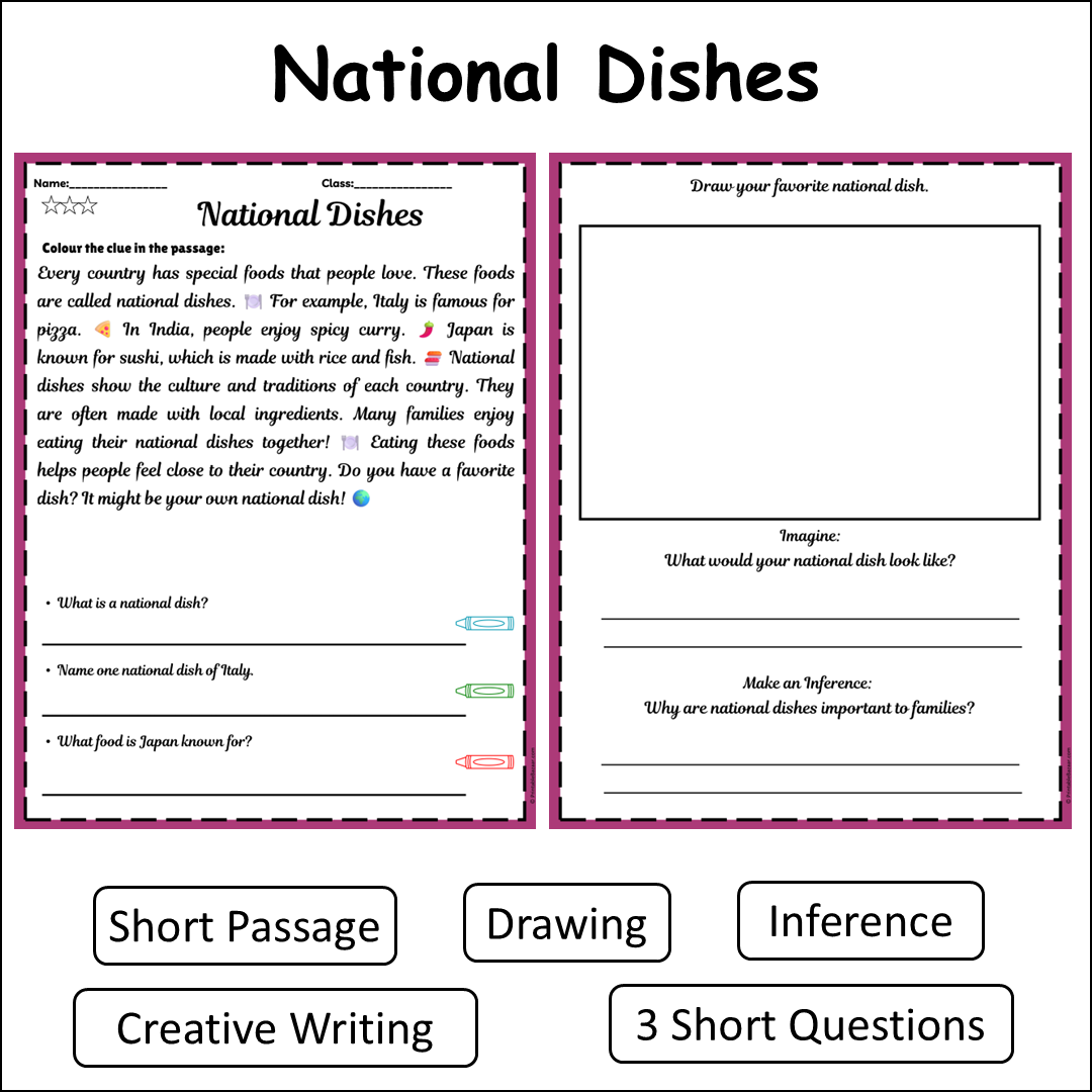 National Dishes | Short Reading Comprehension Creative Worksheet