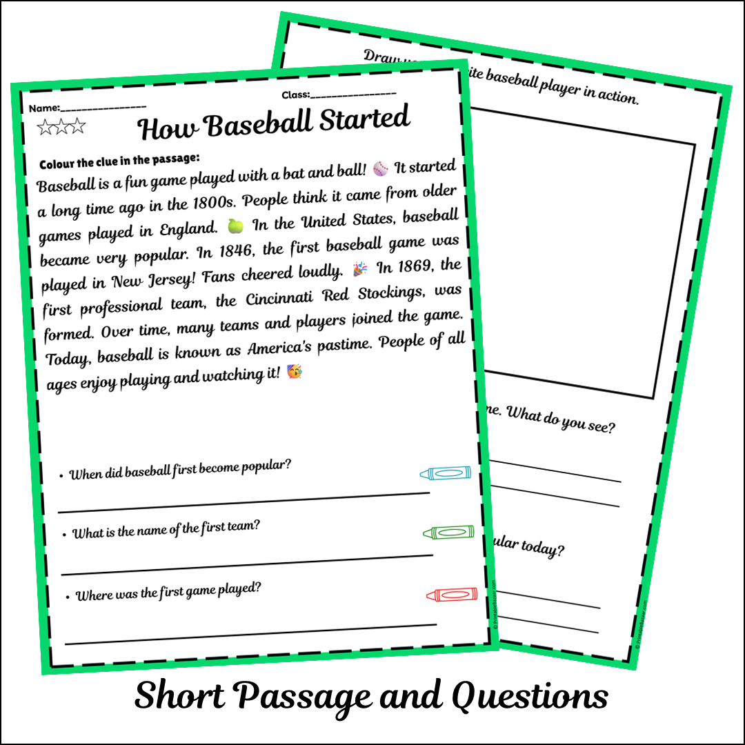 How Baseball Started | Short Reading Comprehension Creative Worksheet