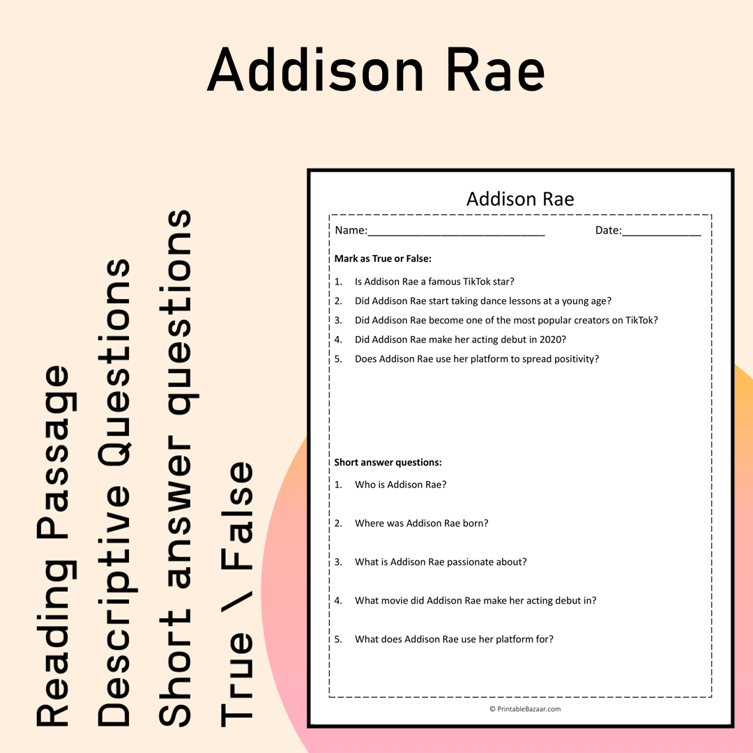 Addison Rae | Reading Comprehension Passage Printable Activity