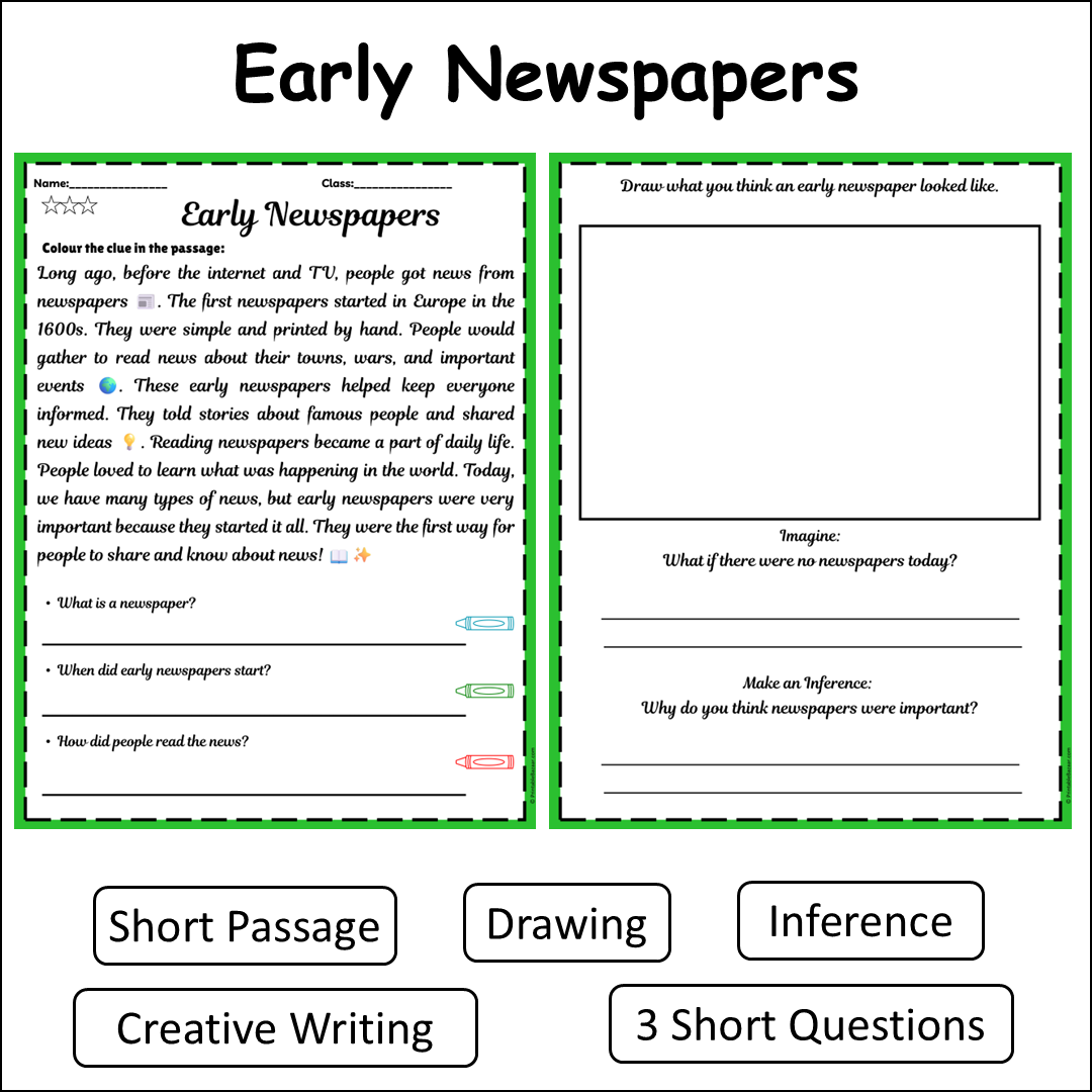Early Newspapers | Short Reading Comprehension Creative Worksheet
