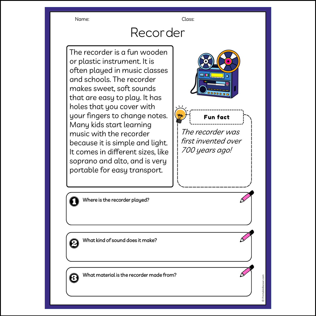 Recorder | Reading Passage Comprehension Questions Writing Facts Worksheet