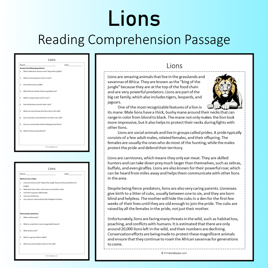 Lions | Reading Comprehension Passage Printable Worksheet