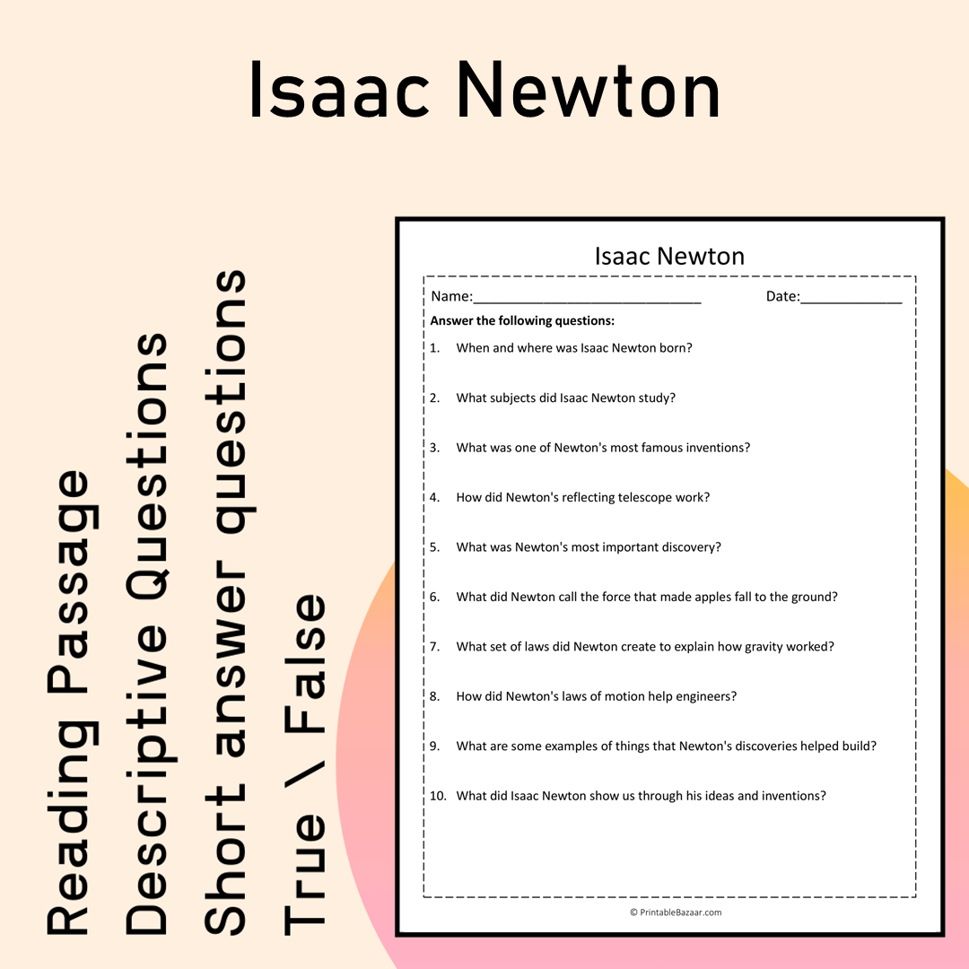 Isaac Newton | Reading Comprehension Passage Printable Activity