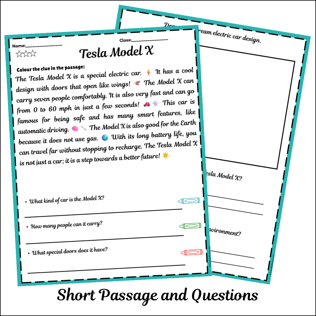 Tesla Model X | Short Reading Comprehension Creative Worksheet