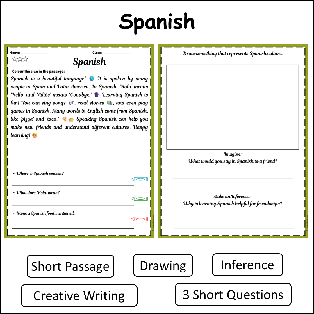 Spanish | Short Reading Comprehension Creative Worksheet