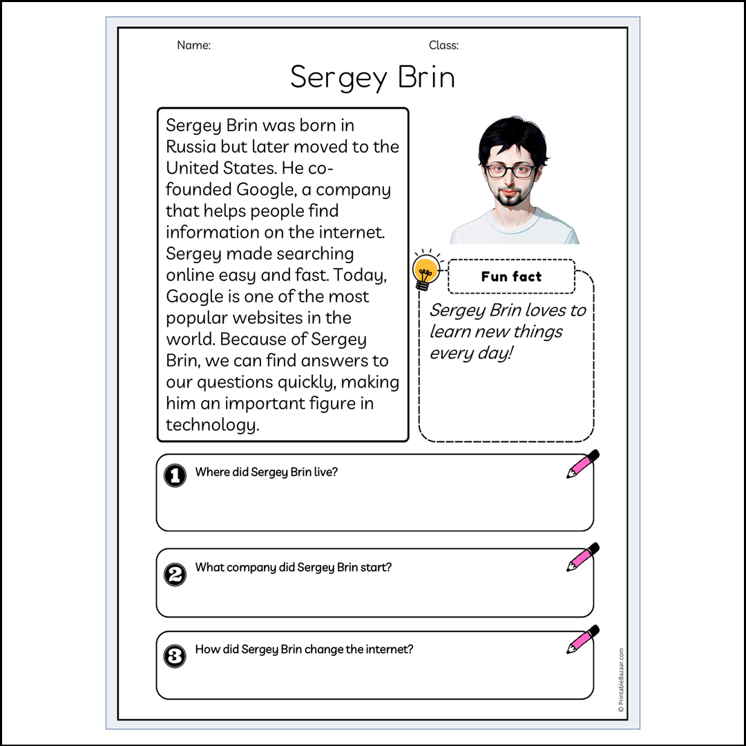 Sergey Brin | Reading Passage Comprehension Questions Writing Facts Worksheet