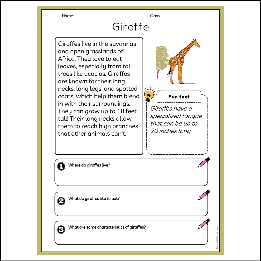 Giraffe | Reading Passage Comprehension Questions Writing Facts Worksheet