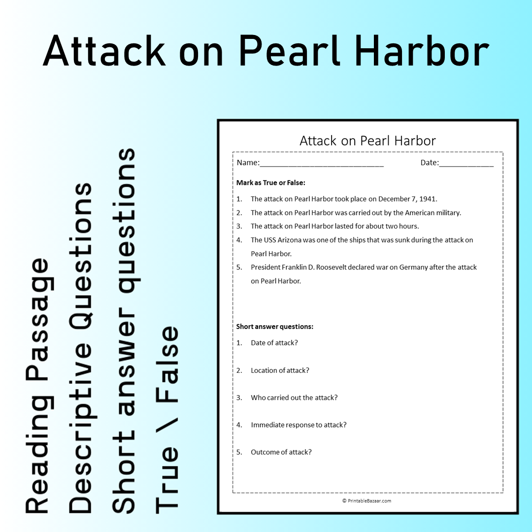 Attack on Pearl Harbor | Reading Comprehension Passage Printable Worksheet