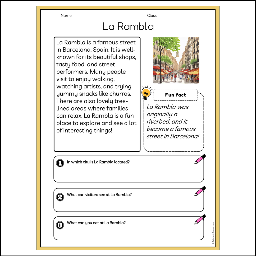 La Rambla | Reading Passage Comprehension Questions Writing Facts Worksheet