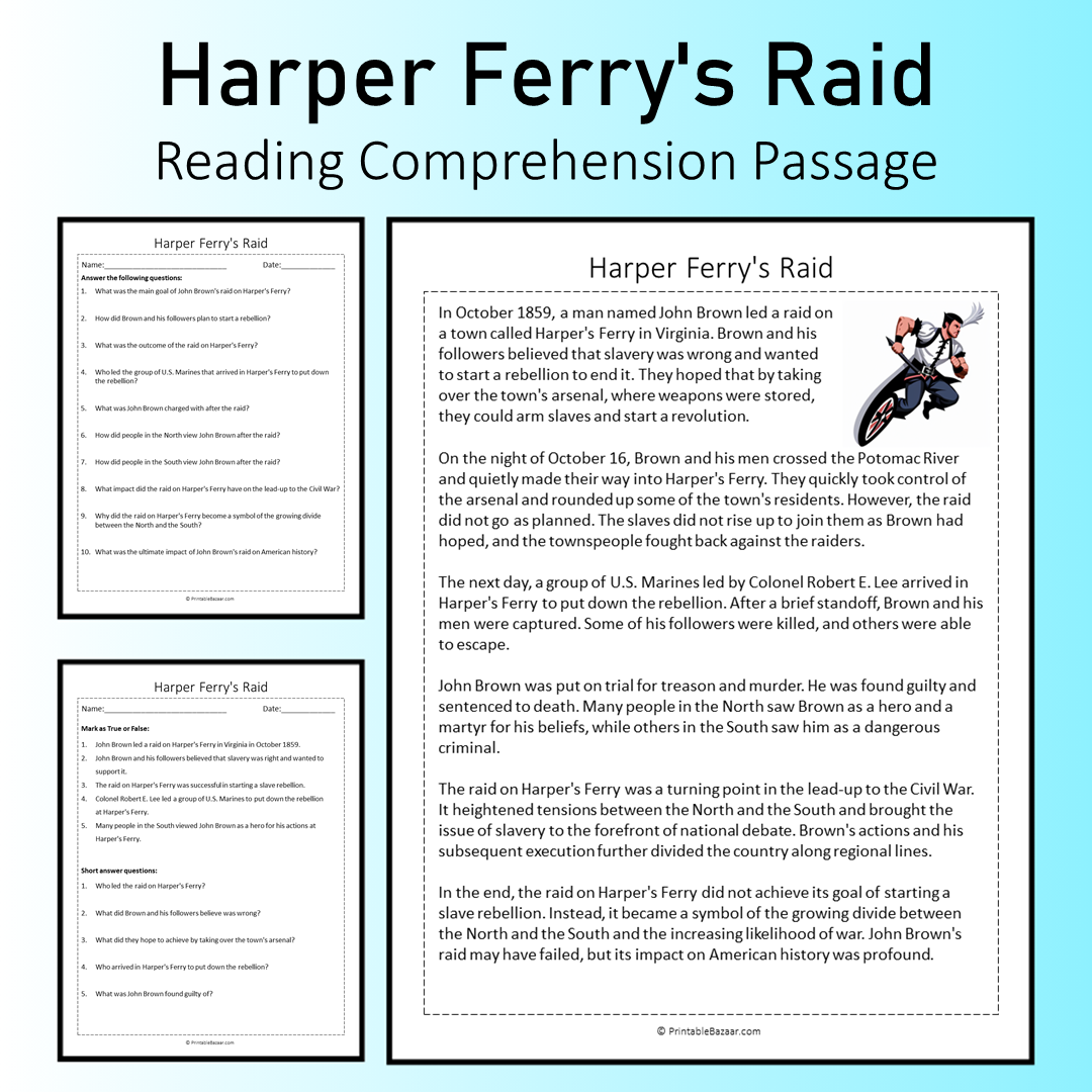 Harper Ferry's Raid | Reading Comprehension Passage Printable Worksheet