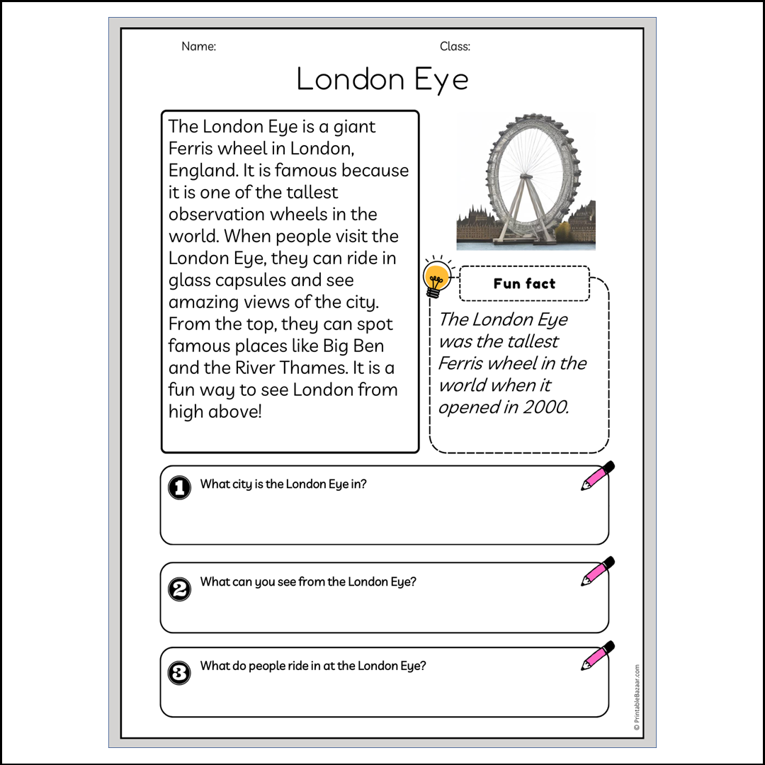 London Eye | Reading Passage Comprehension Questions Writing Facts Worksheet