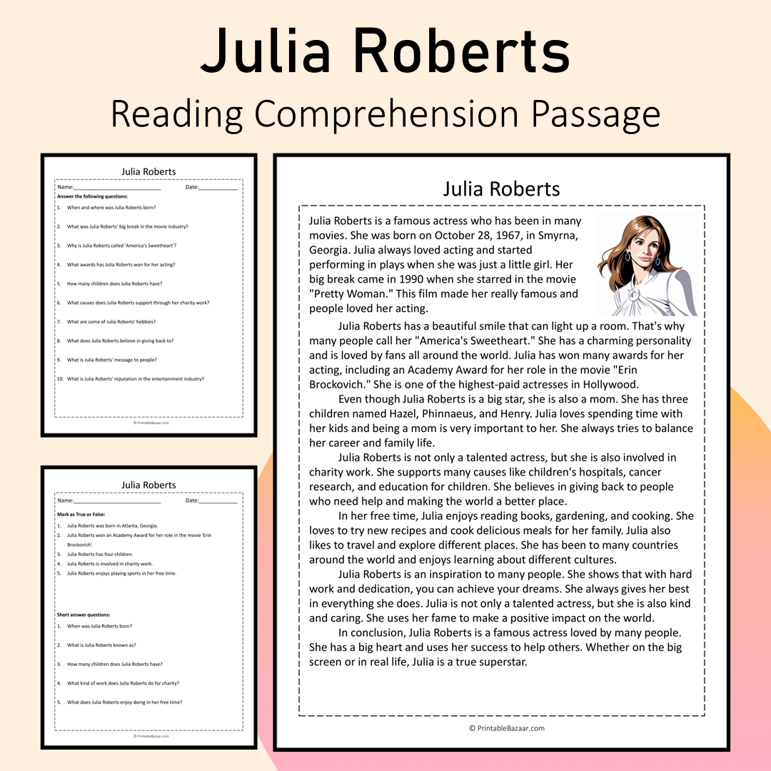 Julia Roberts | Reading Comprehension Passage Printable Activity