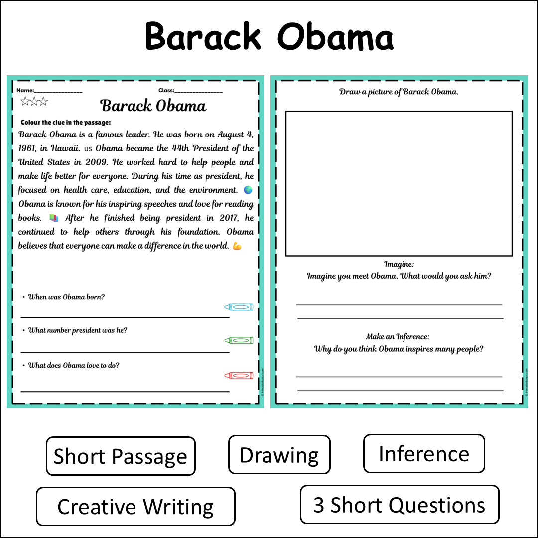 Barack Obama | Short Reading Comprehension Creative Worksheet