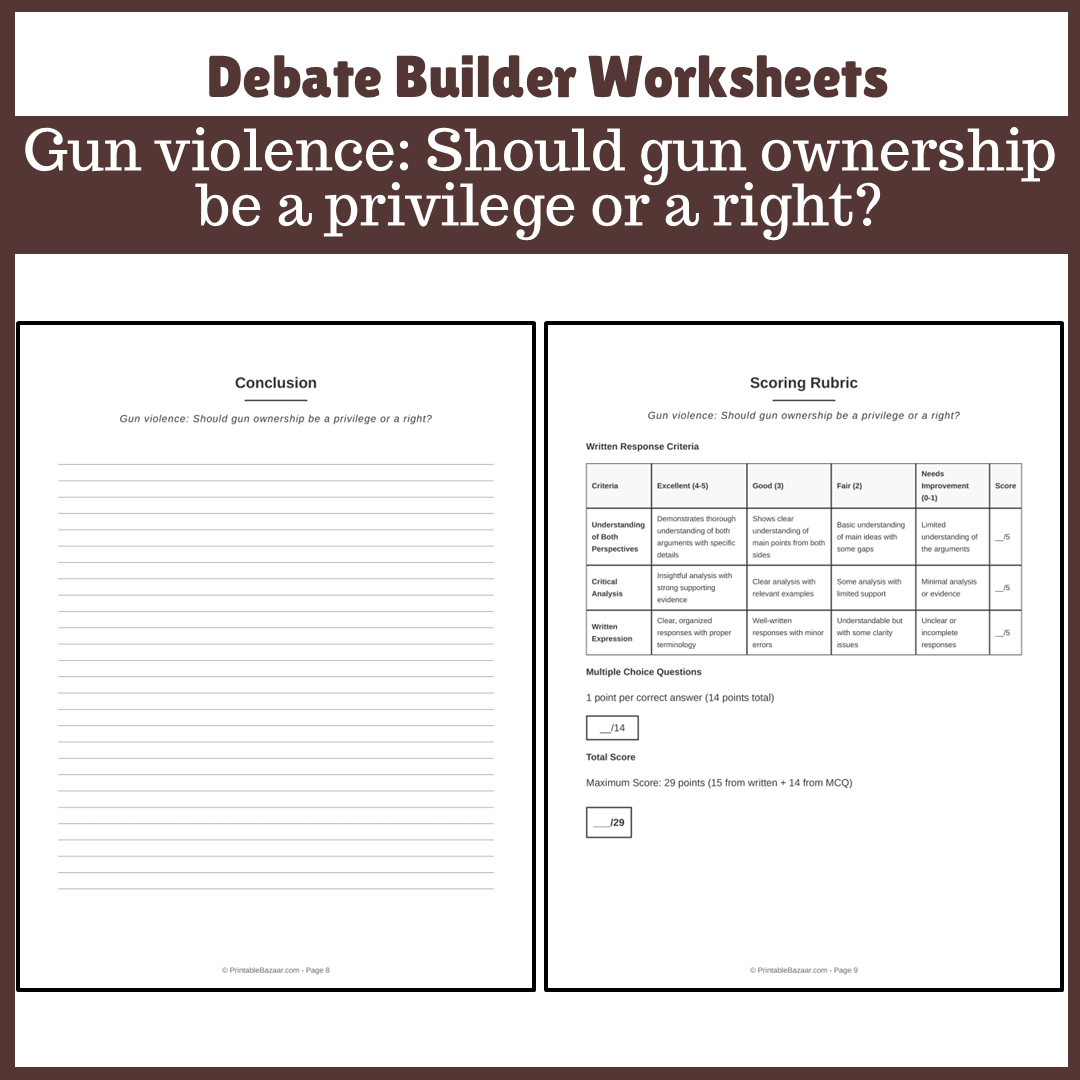 Gun violence: Should gun ownership be a privilege or a right? | Favour and Against Worksheet Printable Activity