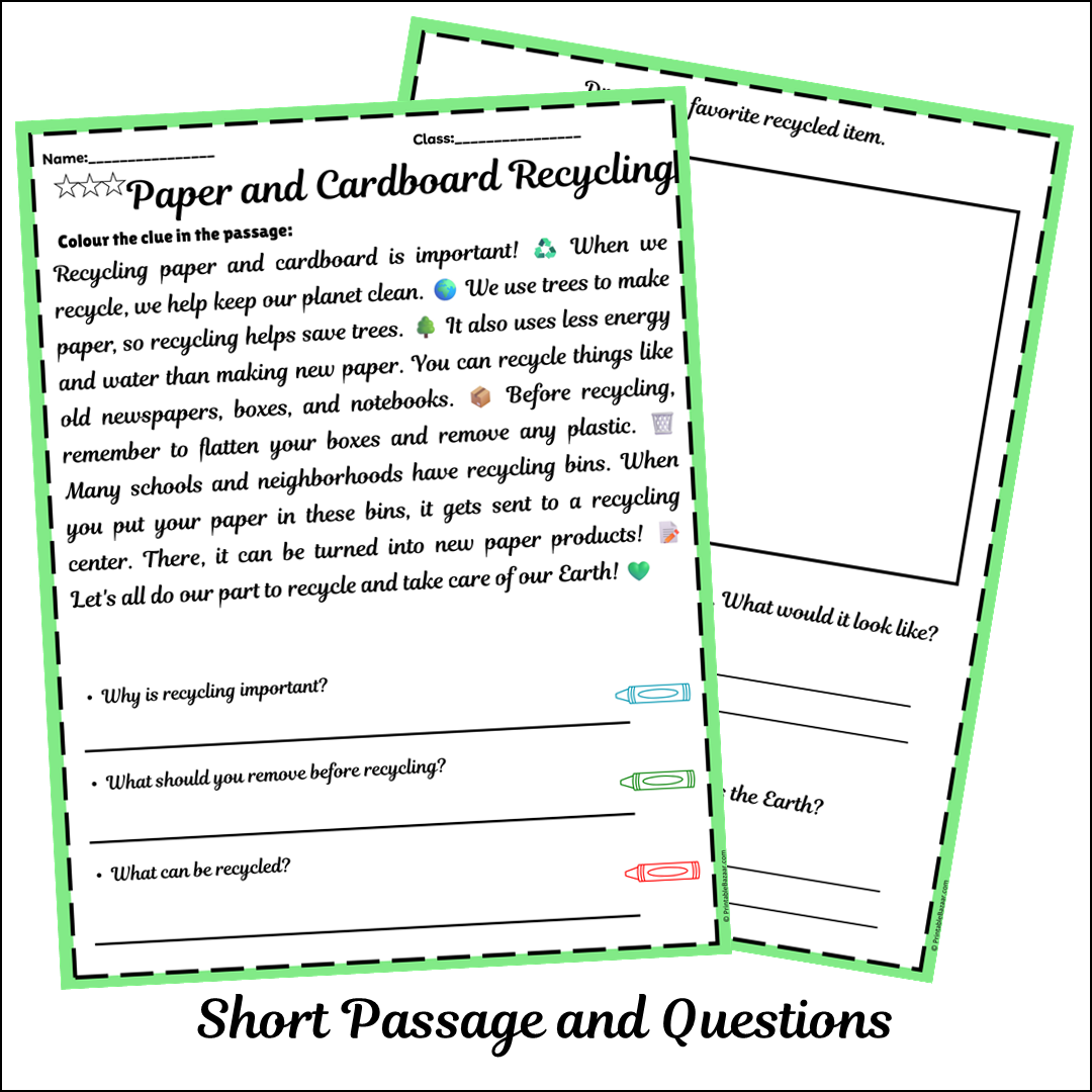 Paper and Cardboard Recycling | Short Reading Comprehension Creative Worksheet