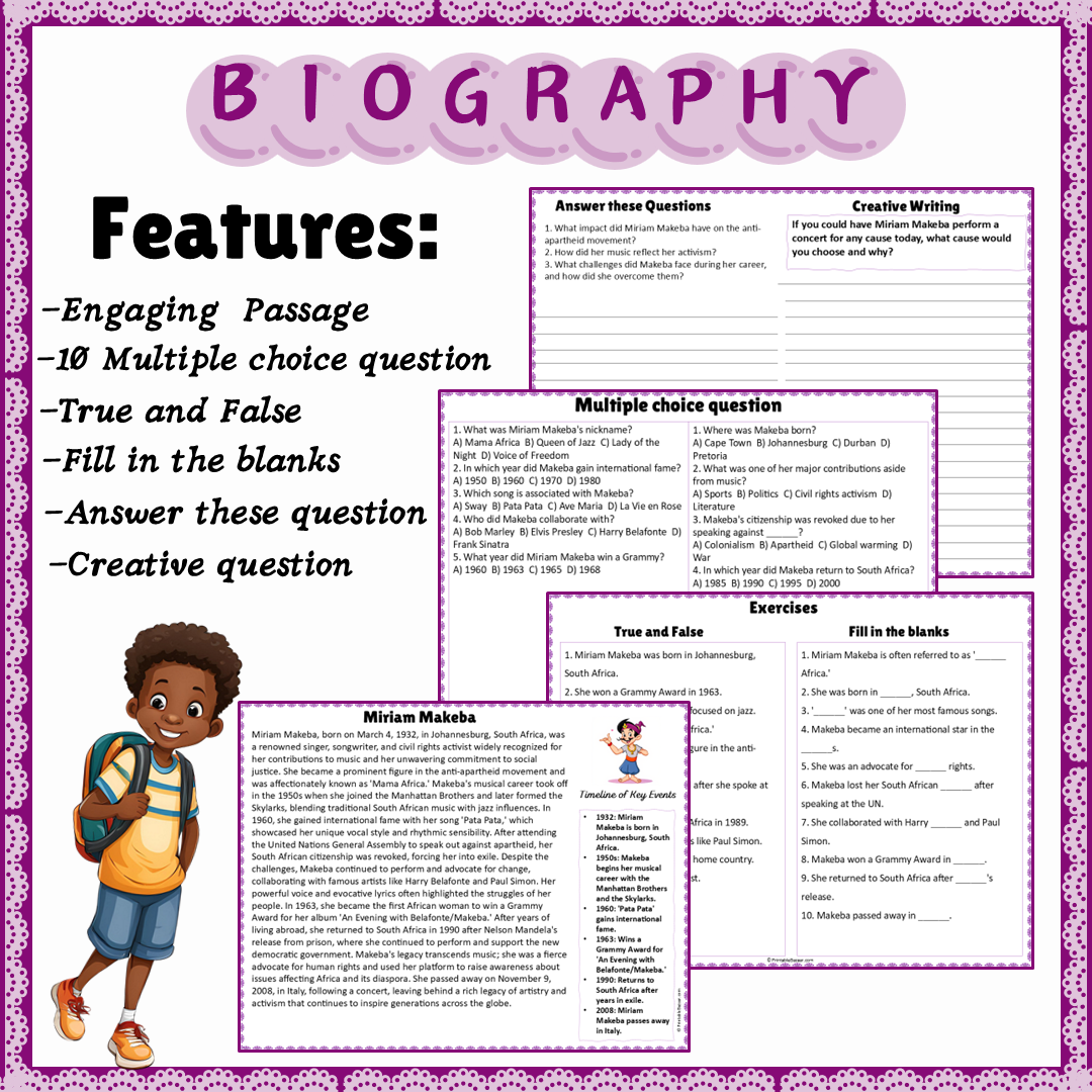 Miriam Makeba | Biography Reading Comprehension and Questions Worksheet