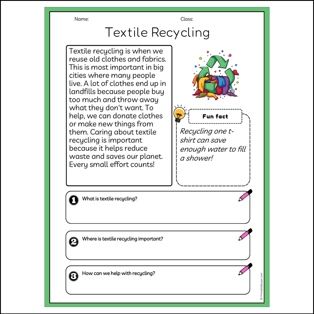 Textile Recycling | Reading Passage Comprehension Questions Writing Facts Worksheet