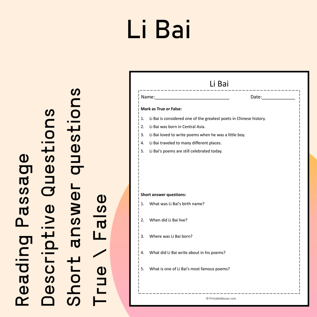 Li Bai | Reading Comprehension Passage Printable Activity
