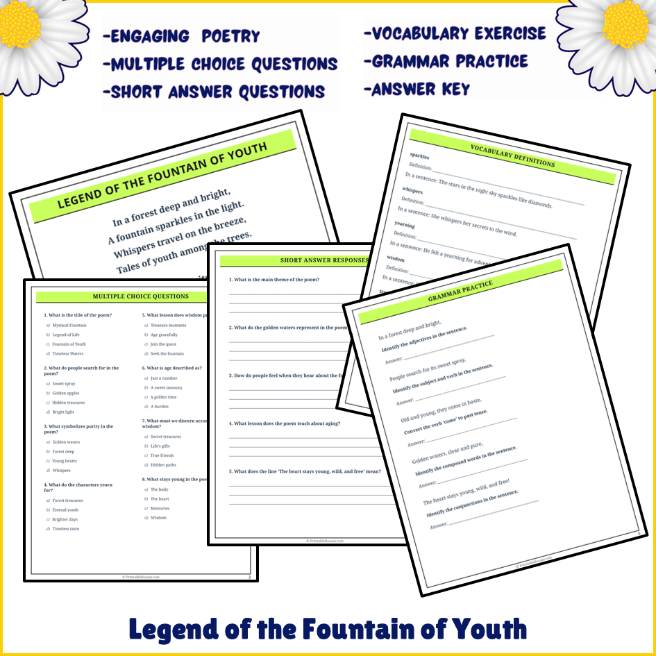 Legend of the Fountain of Youth | Poem Grammar Worksheet Printable Activity