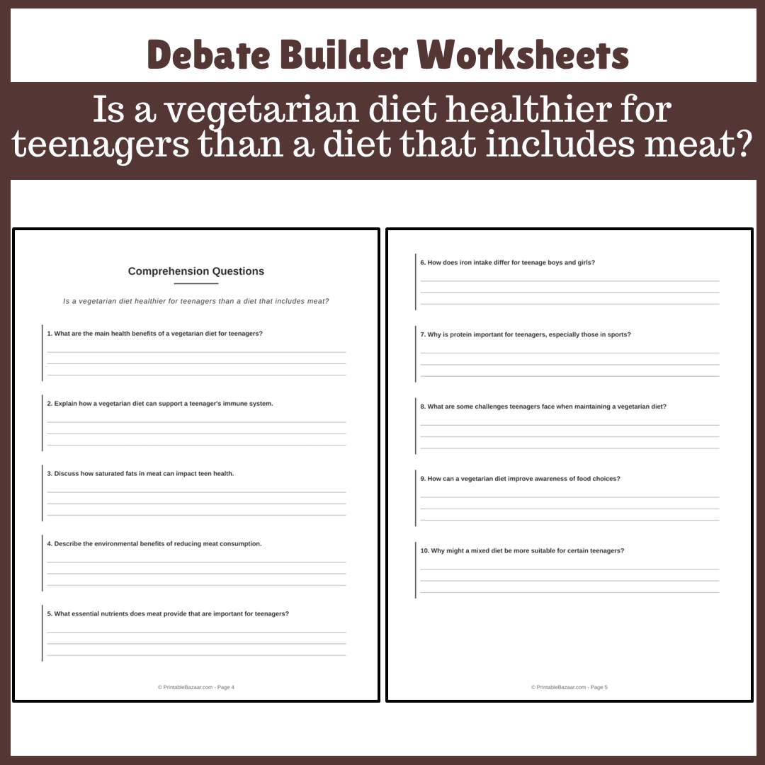 Is a vegetarian diet healthier for teenagers than a diet that includes meat? | Favour and Against Worksheet Printable Activity