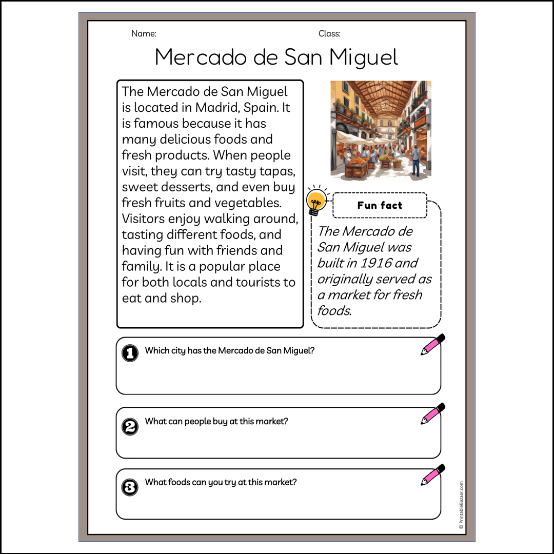Mercado de San Miguel | Reading Passage Comprehension Questions Writing Facts Worksheet