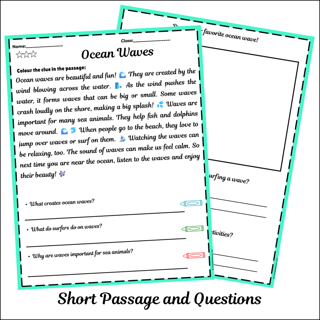 Ocean Waves | Short Reading Comprehension Creative Worksheet