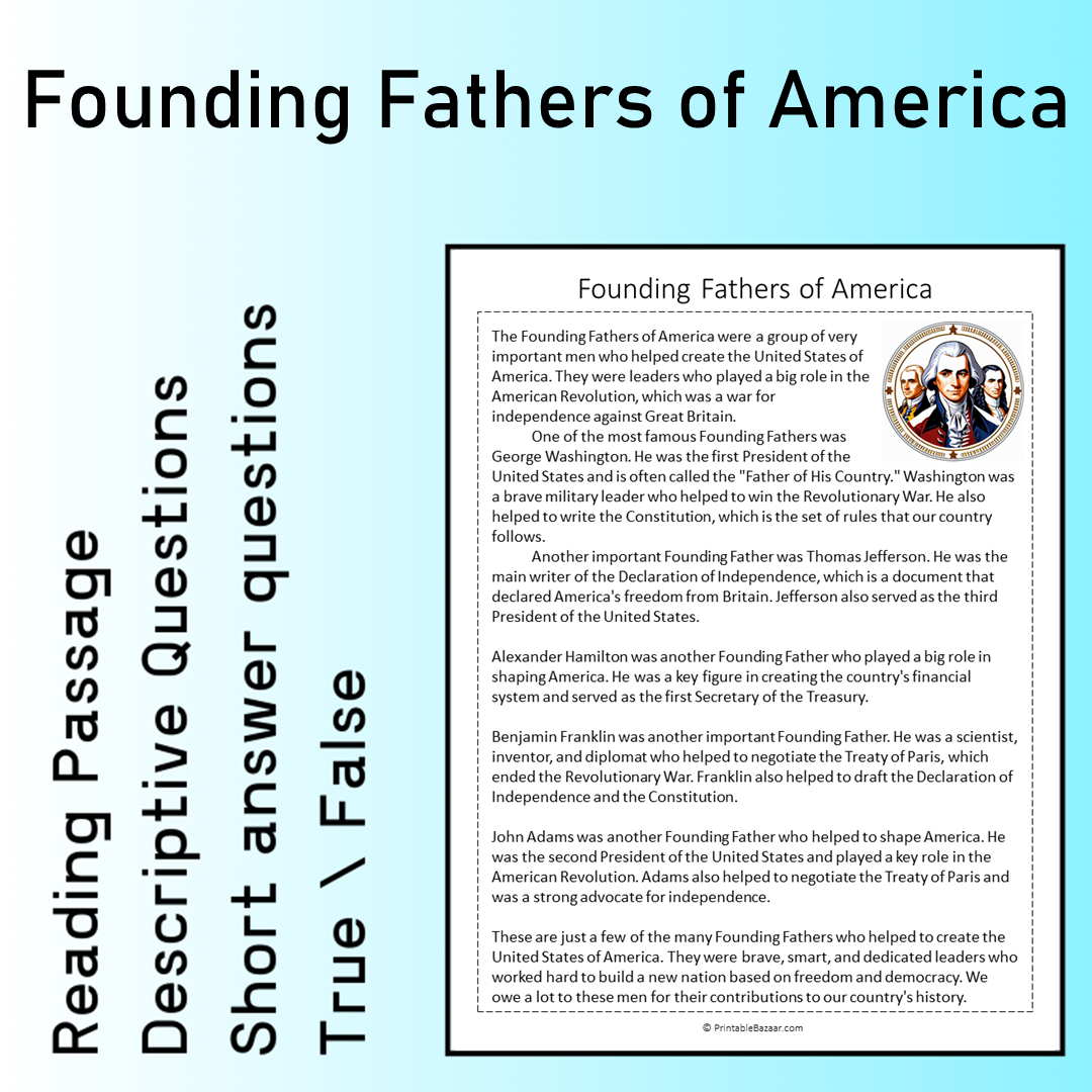 Founding Fathers of America | Reading Comprehension Passage Printable Worksheet