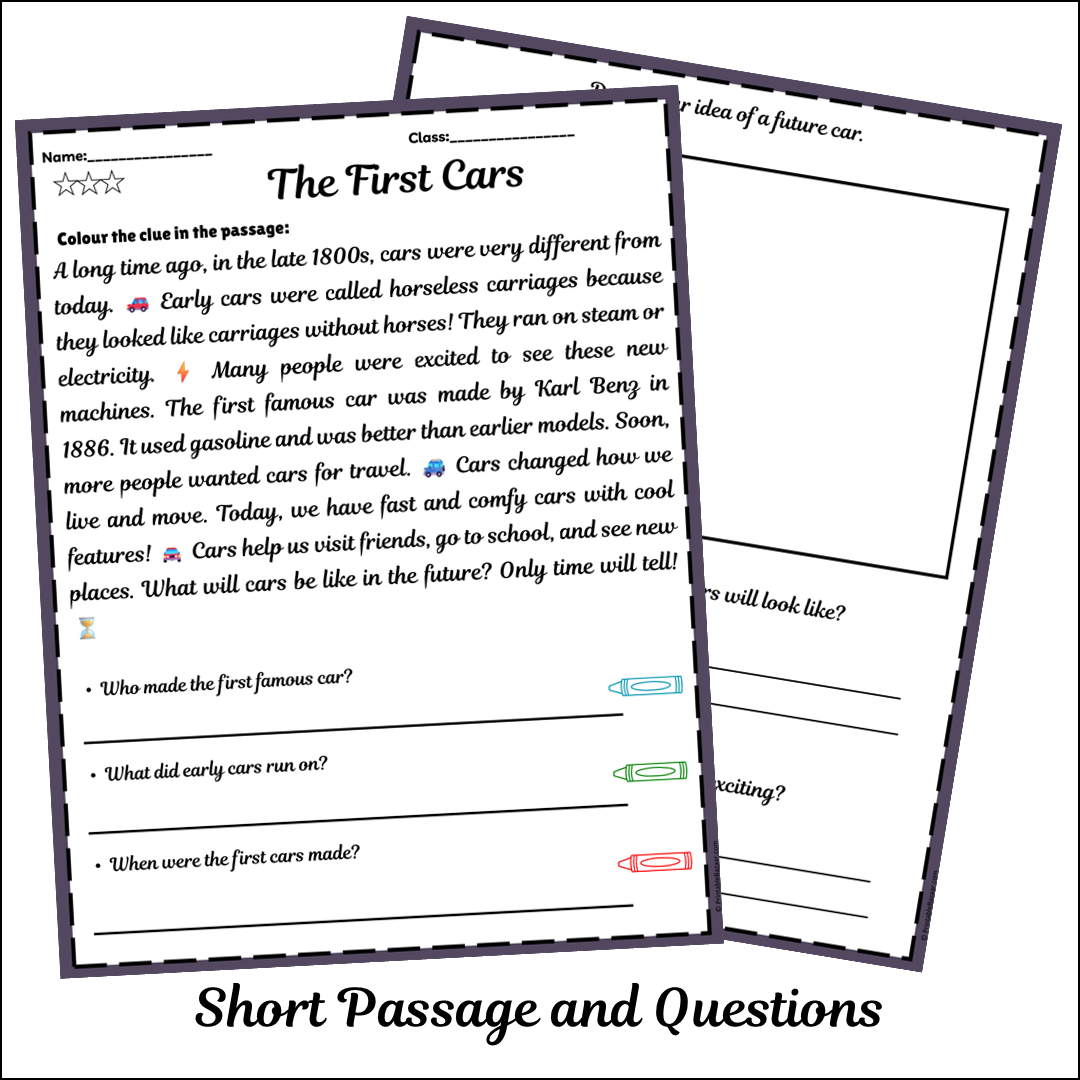 The First Cars | Short Reading Comprehension Creative Worksheet