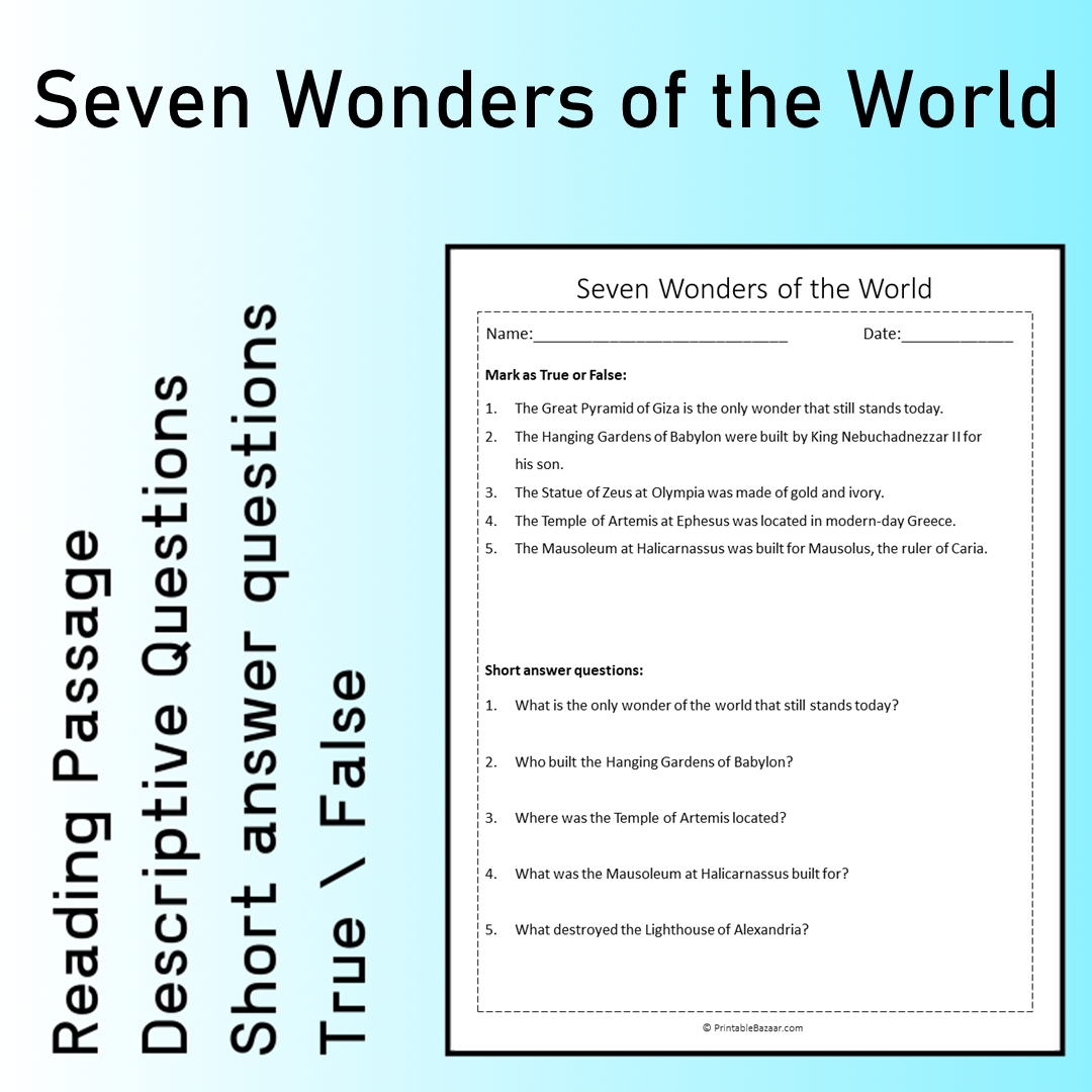 Seven Wonders of the World | Reading Comprehension Passage Printable Worksheet
