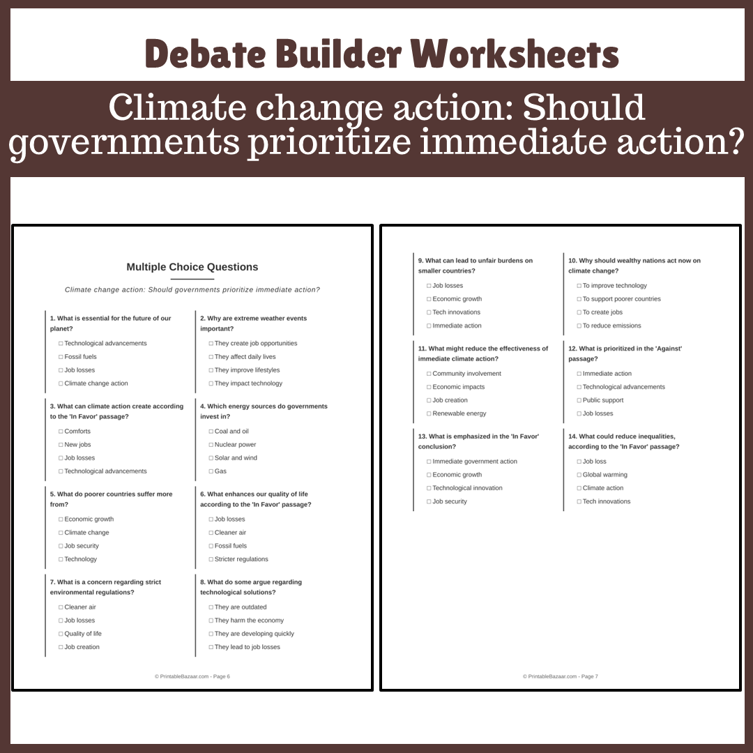 Climate change action: Should governments prioritize immediate action? | Favour and Against Worksheet Printable Activity