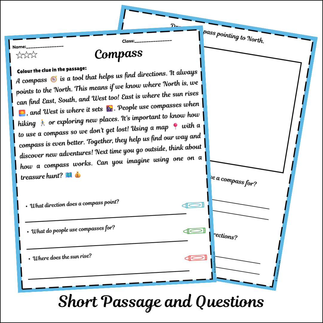 Compass | Short Reading Comprehension Creative Worksheet