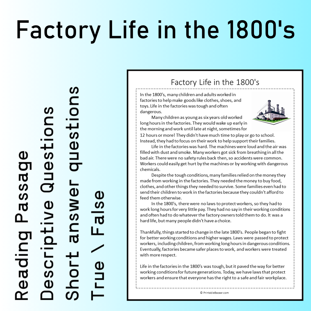 Factory Life in the 1800's | Reading Comprehension Passage Printable Worksheet