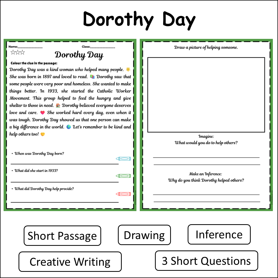 Dorothy Day | Short Reading Comprehension Creative Worksheet