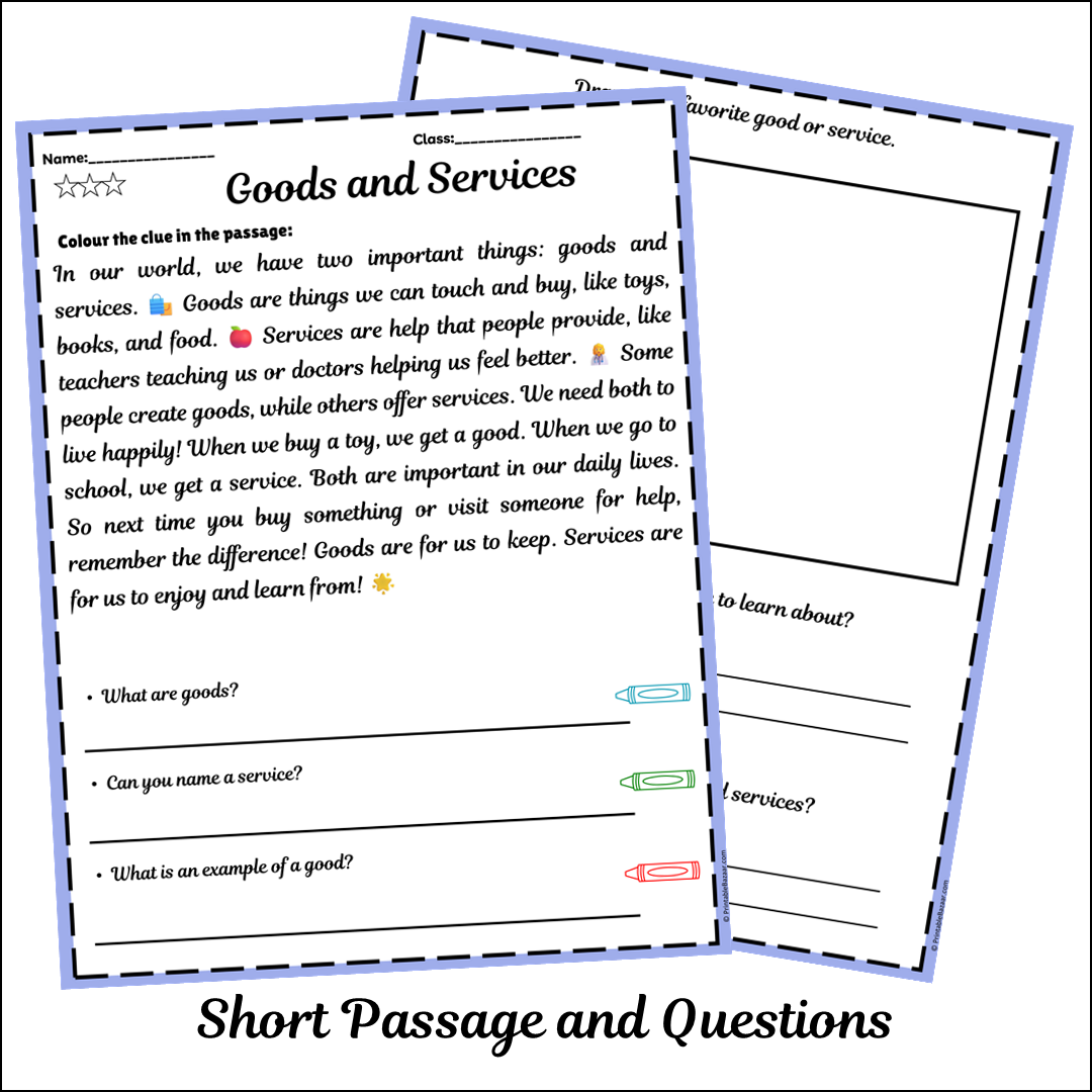 Goods and Services | Short Reading Comprehension Creative Worksheet
