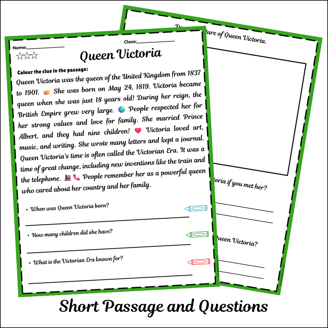 Queen Victoria | Short Reading Comprehension Creative Worksheet