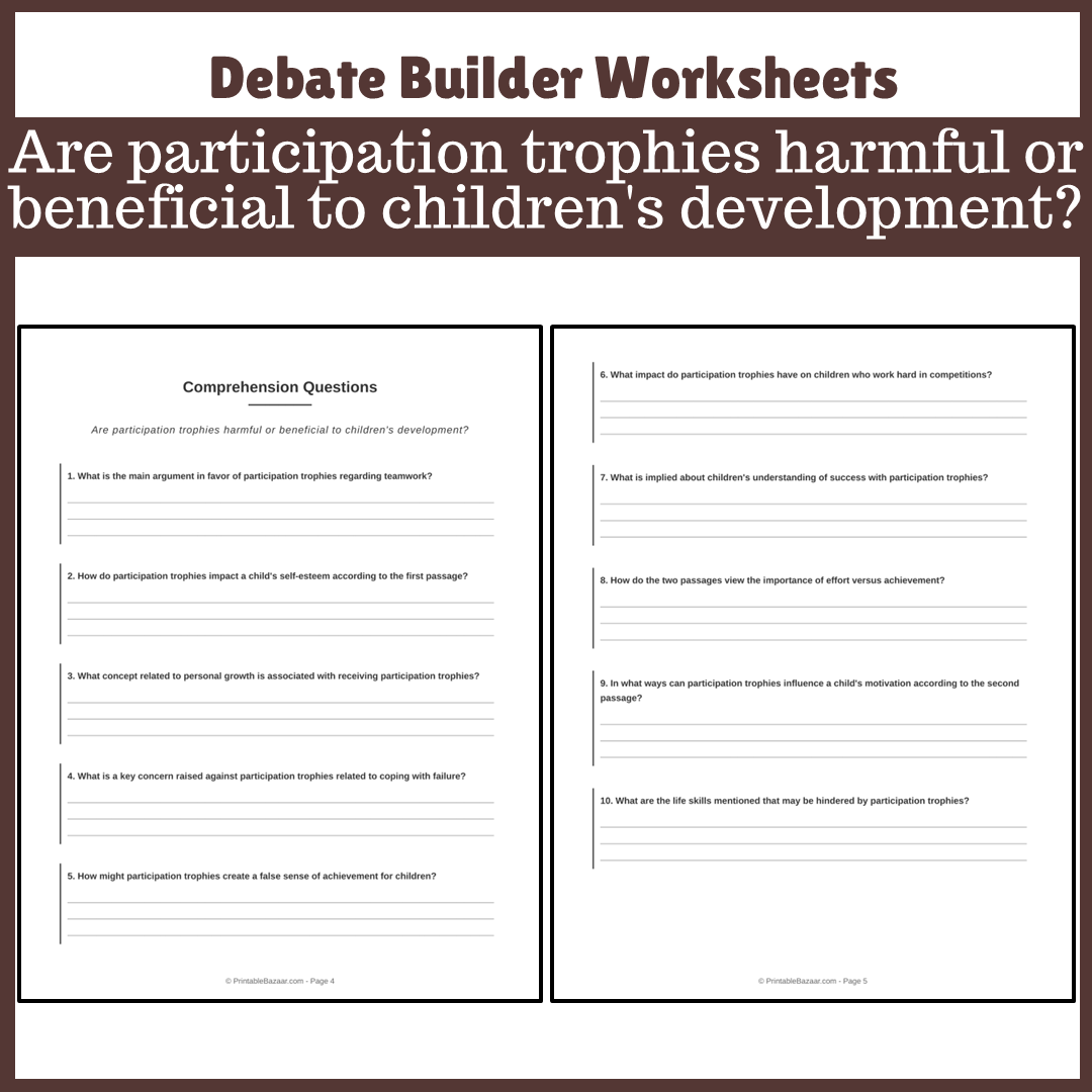 Are participation trophies harmful or beneficial to children's development? | Favour and Against Worksheet Printable Activity