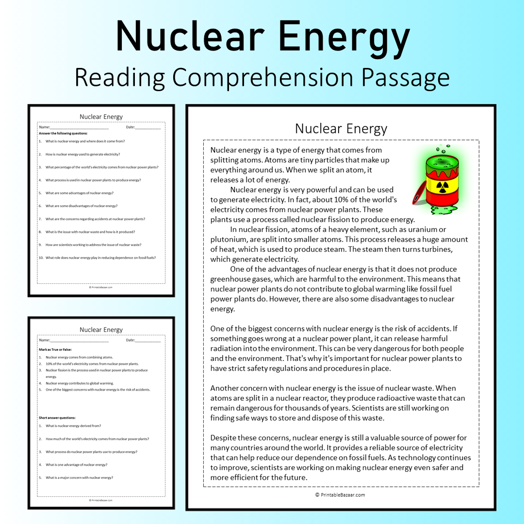 Nuclear Energy | Reading Comprehension Passage Printable Worksheet
